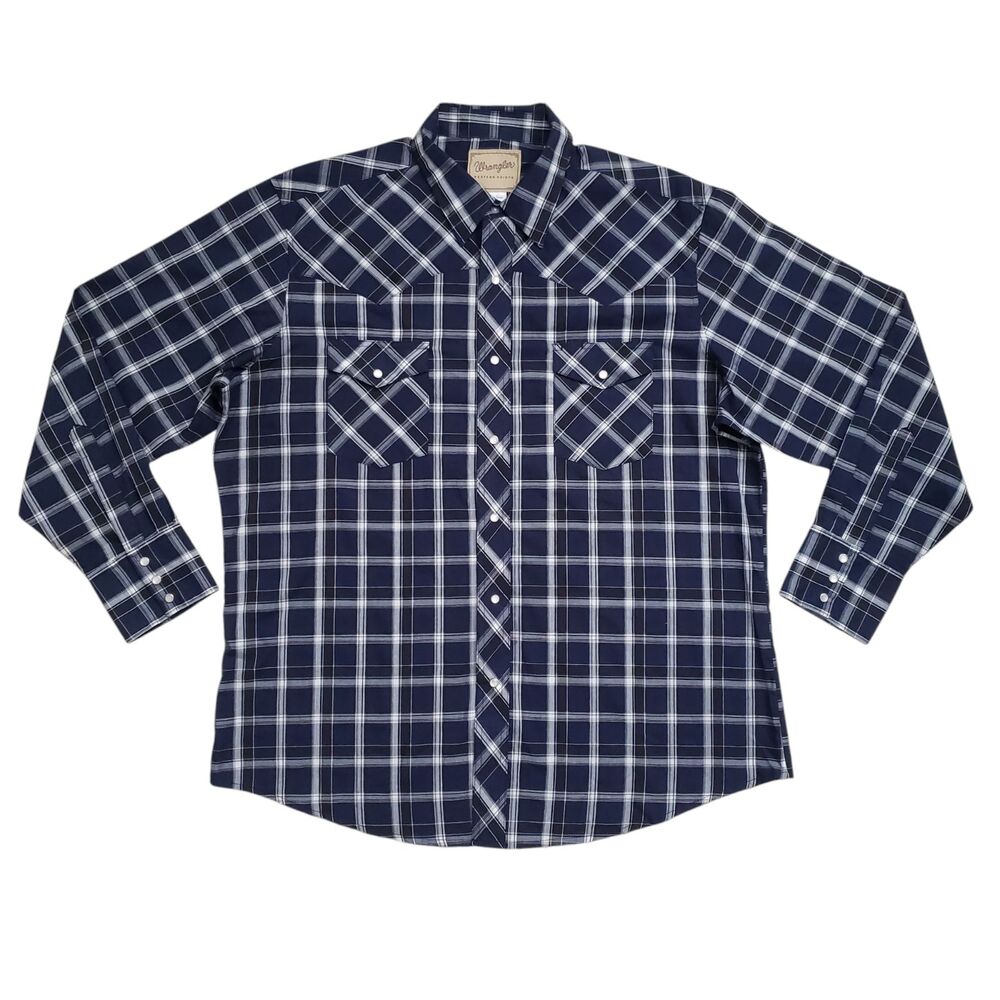 Wrangler Western Pearl Snap Shirt Mens XL Blue Plaid Long Sleeve Cowboy Outdoor - Picture 3 of 13